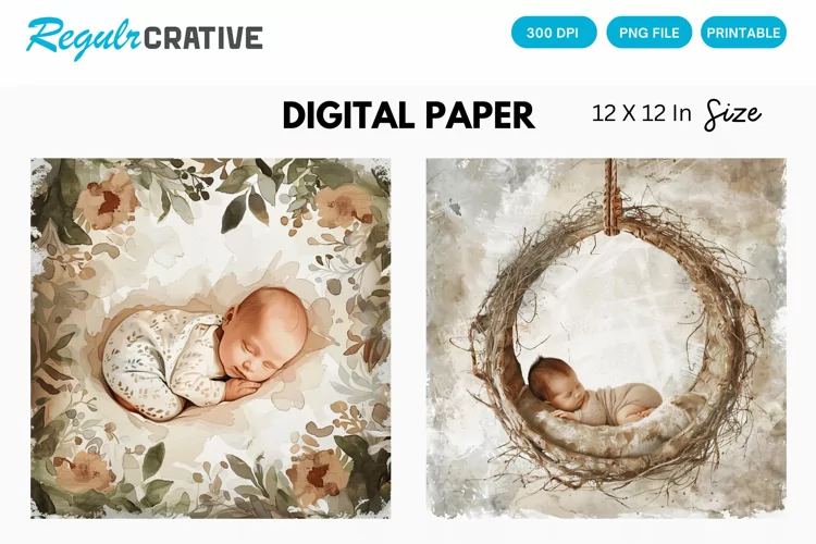 Watercolor Pastel Baby Scenes Digital Paper, Baby Scenes PNG