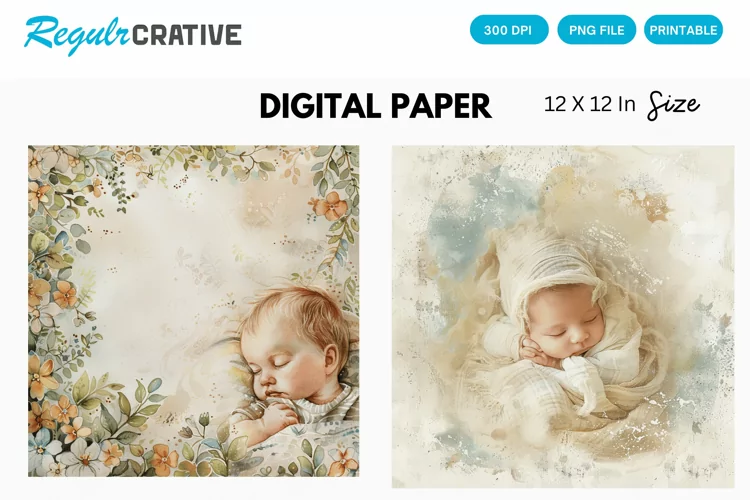 Watercolor Pastel Baby Scenes Digital Paper, Baby Scenes PNG