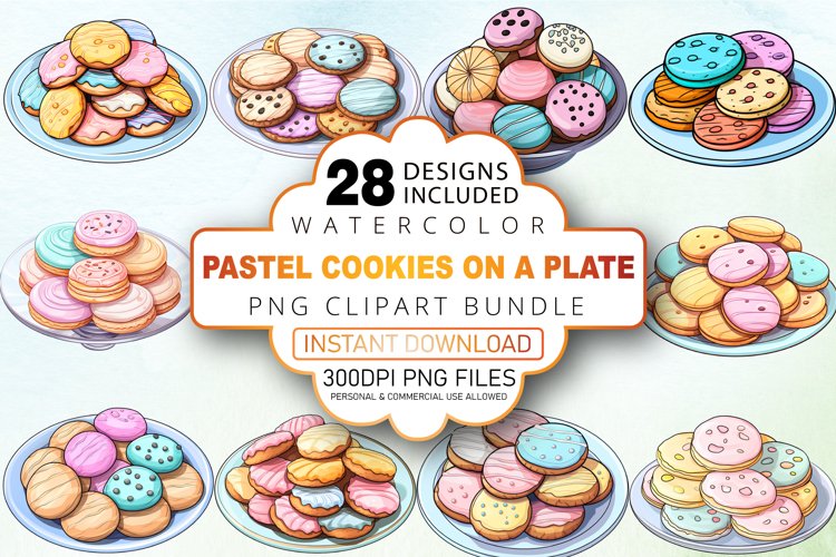 Watercolor Pastel Cookies on a Plate Clipart Bundle