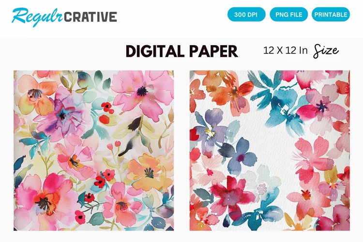 Watercolor Pastel Floral Digital Paper, Floral Background