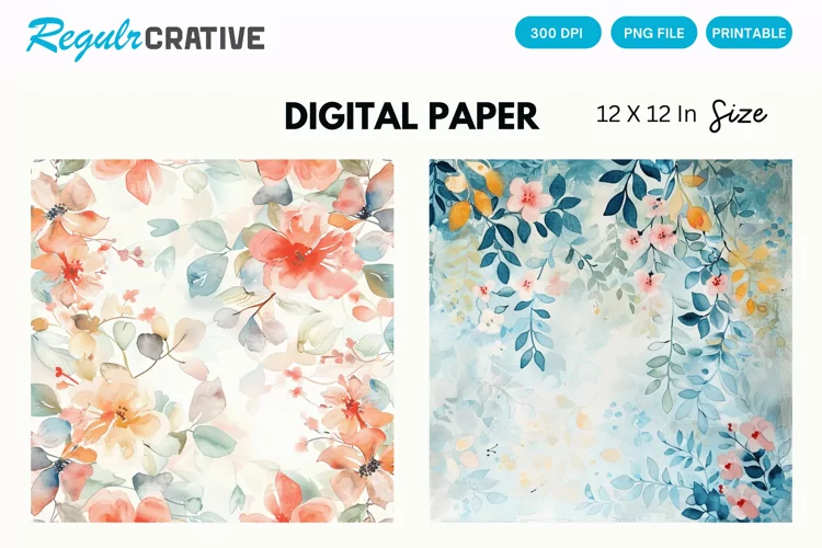 Watercolor Pastel Floral Digital Paper, Floral Background