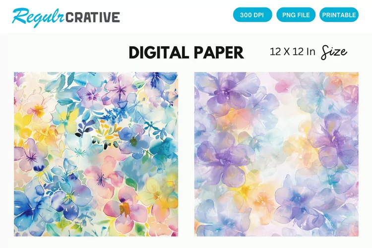 Watercolor Pastel Floral Digital Paper, Floral Background