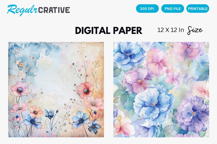 Watercolor Pastel Floral Digital Paper, Floral Background