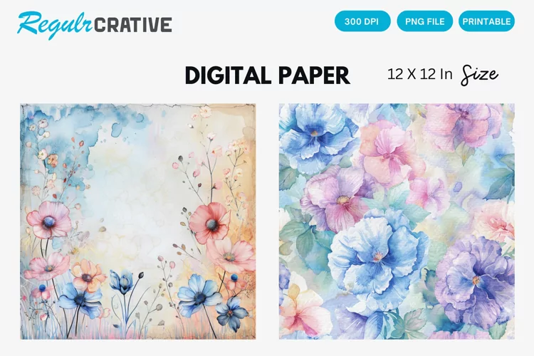 Watercolor Pastel Floral Digital Paper, Floral Background