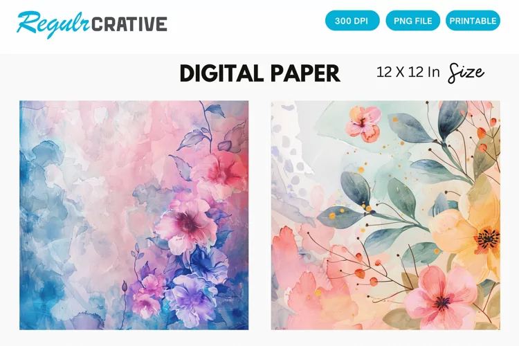 Watercolor Pastel Floral Digital Paper, Floral Background