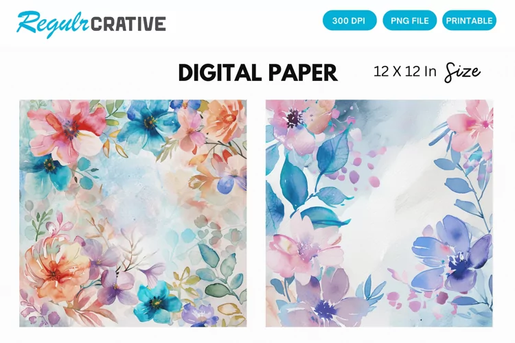 Watercolor Pastel Floral Digital Paper, Floral Background
