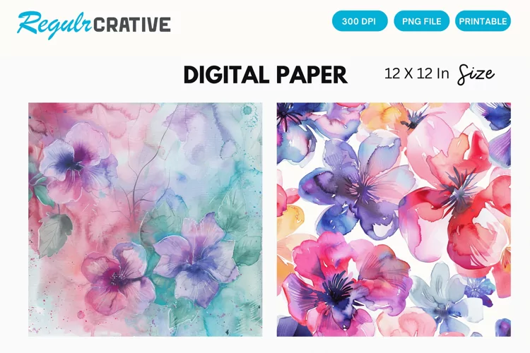 Watercolor Pastel Floral Digital Paper, Floral Background