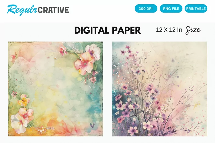 Watercolor Pastel Floral Digital Paper, Floral Background