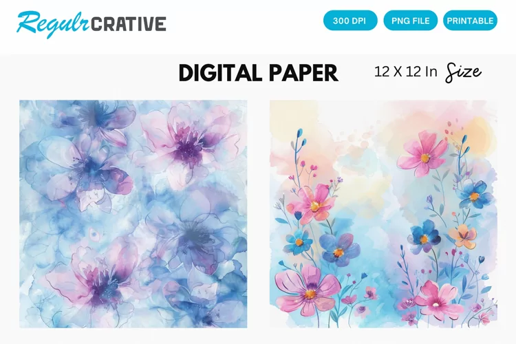 Watercolor Pastel Flower Digital Paper, Flower Background