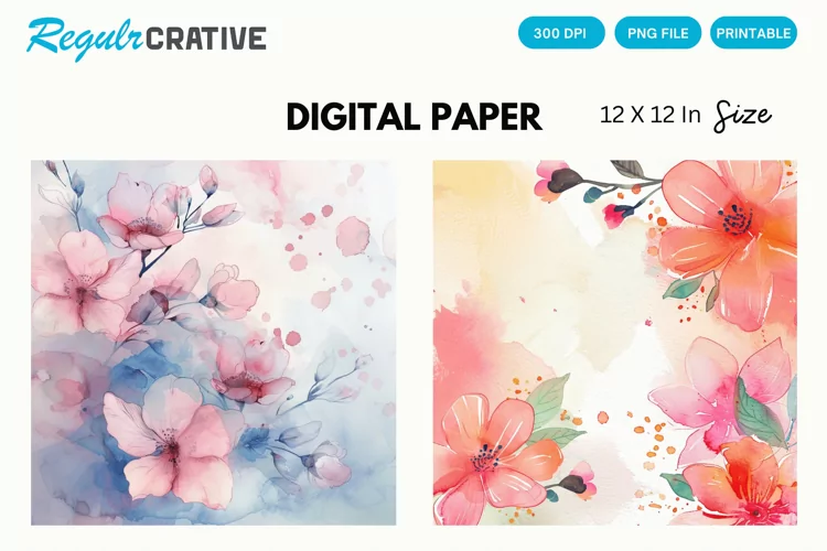 Watercolor Pastel Flower Digital Paper, Flower Background
