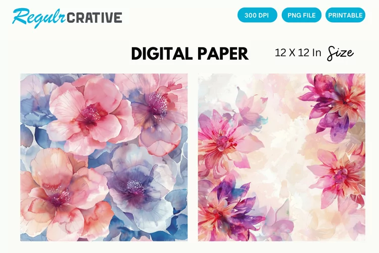 Watercolor Pastel Flower Digital Paper, Flower Background