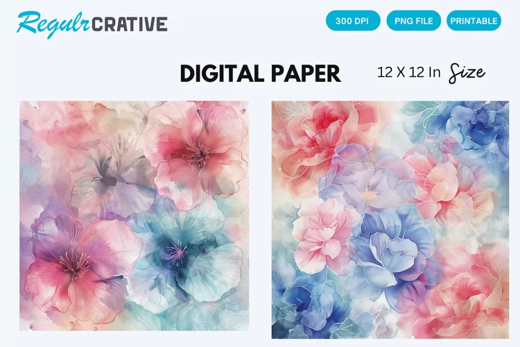 Watercolor Pastel Flower Digital Paper, Flower Background