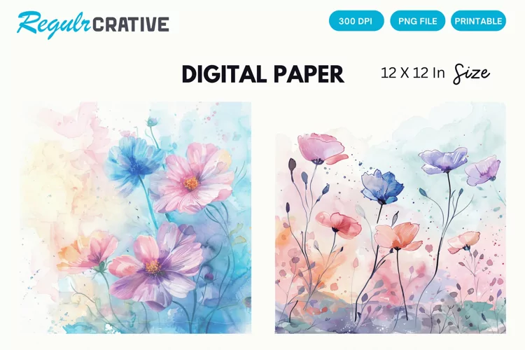 Watercolor Pastel Flower Digital Paper, Flower Background