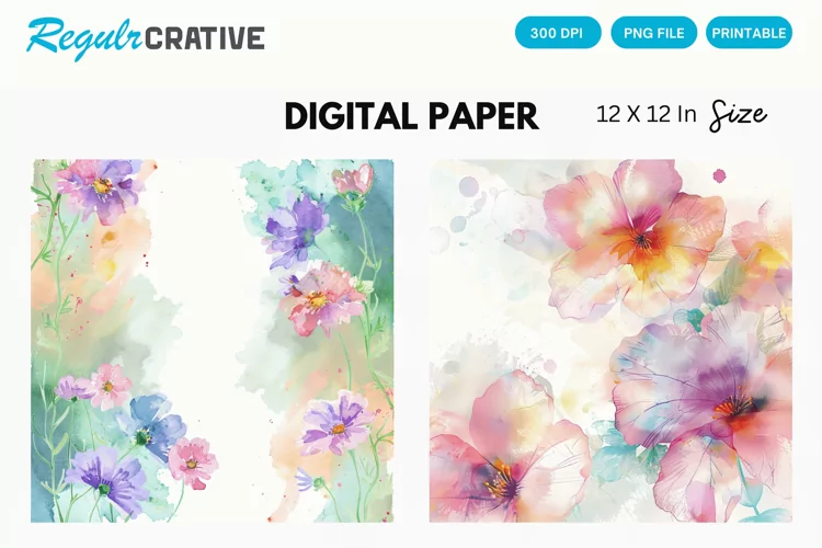 Watercolor Pastel Flower Digital Paper, Flower Background