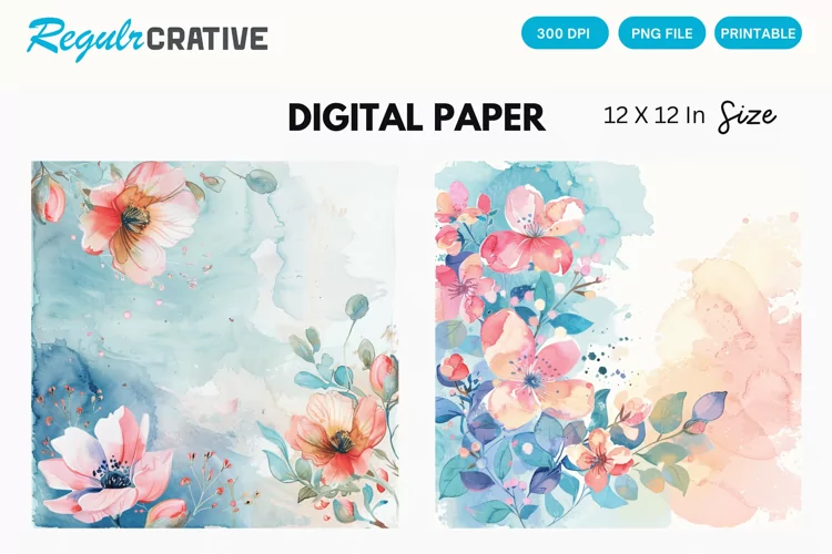 Watercolor Pastel Flower Digital Paper, Flower Background