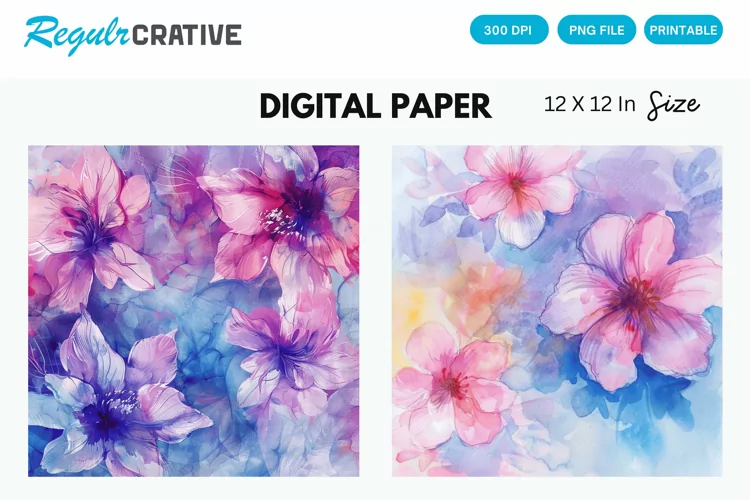 Watercolor Pastel Flower Digital Paper, Flower Background