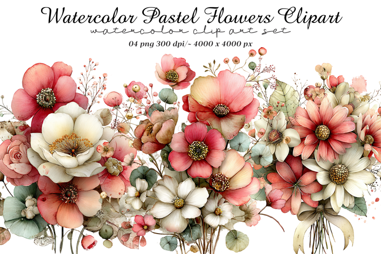 Watercolor Pastel Flowers Clipart