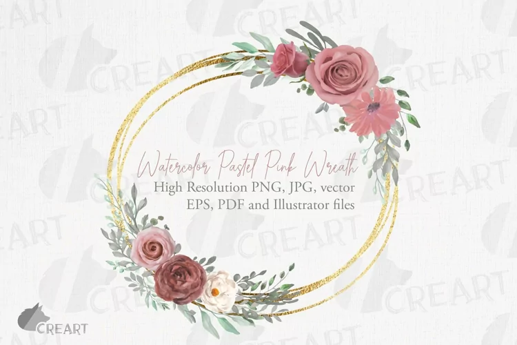 Watercolour pastel pink & glitter gold flower wreath clipart