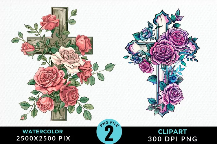 Watercolor Pastel Rose Cross Illustration Clipart
