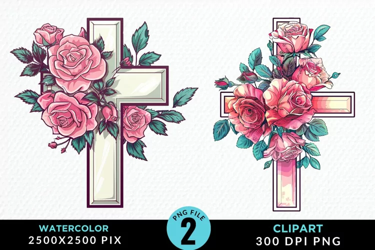 Watercolor Pastel Rose Cross Illustration Clipart