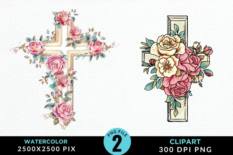 Watercolor Pastel Rose Cross Illustration Clipart