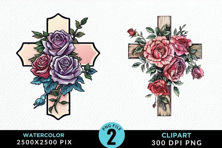 Watercolor Pastel Rose Cross Illustration Clipart