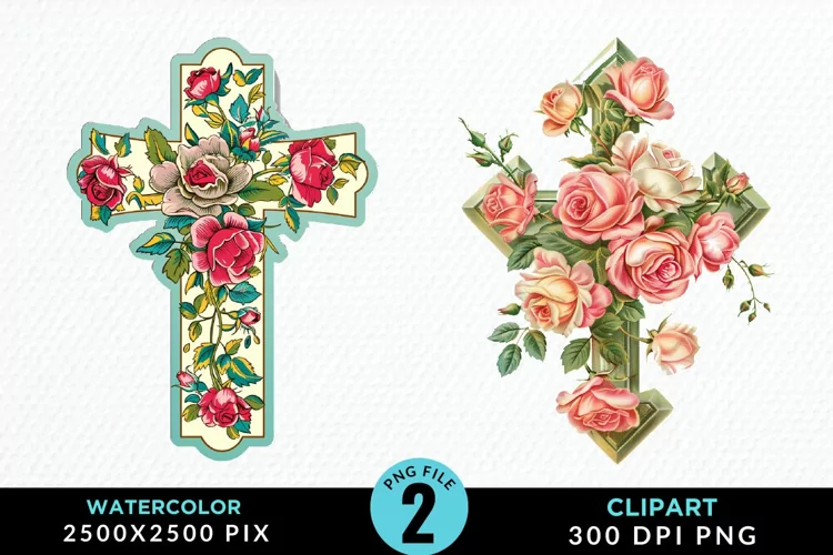 Watercolor Pastel Rose Cross Illustration Clipart