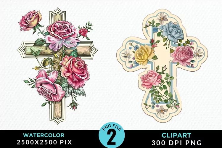 Watercolor Pastel Rose Cross Illustration Clipart