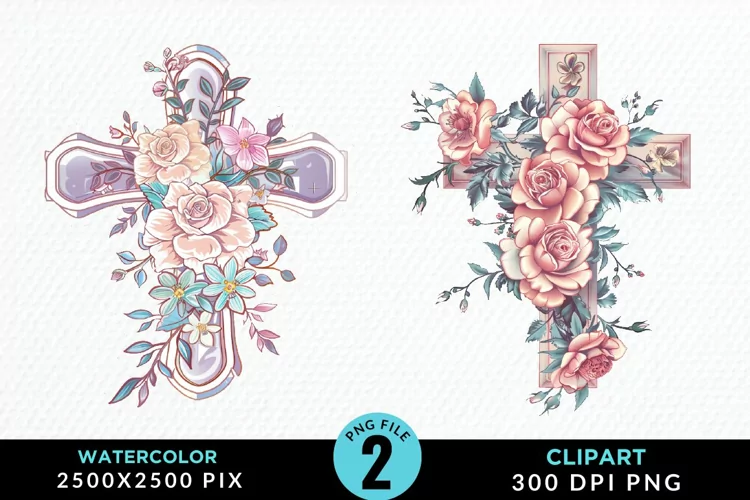 Watercolor Pastel Rose Cross Illustration Clipart