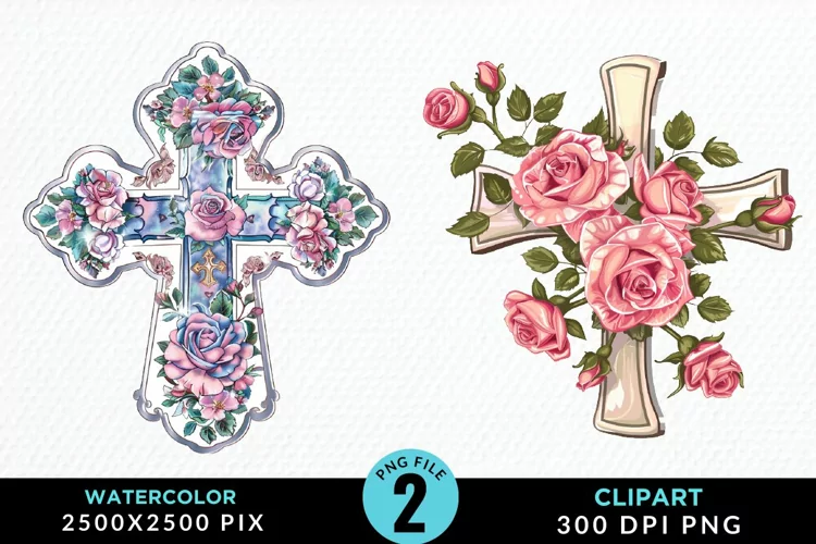Watercolor Pastel Rose Cross Illustration Clipart