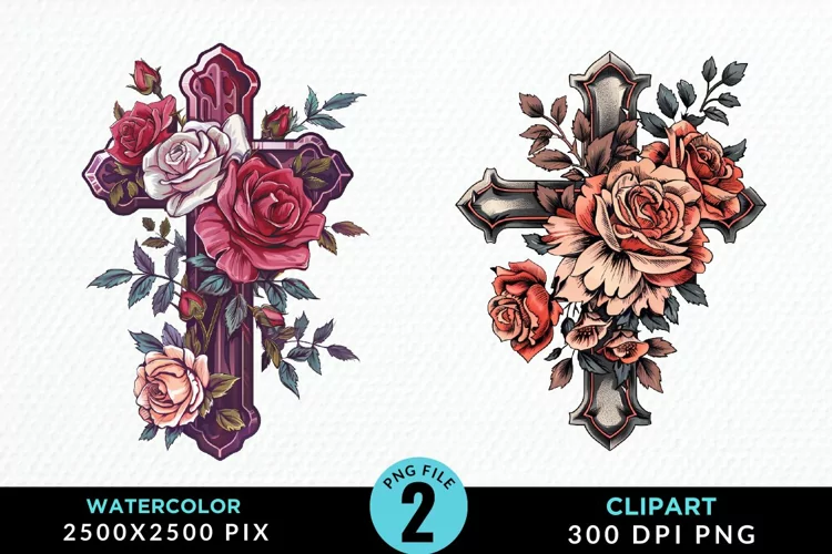 Watercolor Pastel Rose Cross Illustration Clipart
