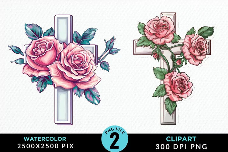 Watercolor Pastel Rose Cross Illustration Clipart