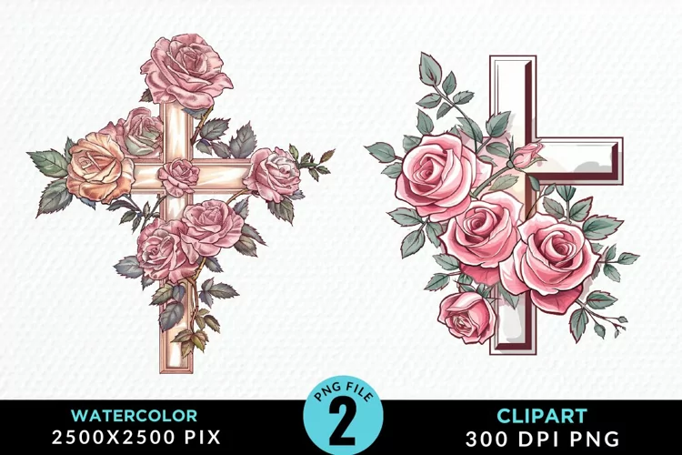 Watercolor Pastel Rose Cross Illustration Clipart