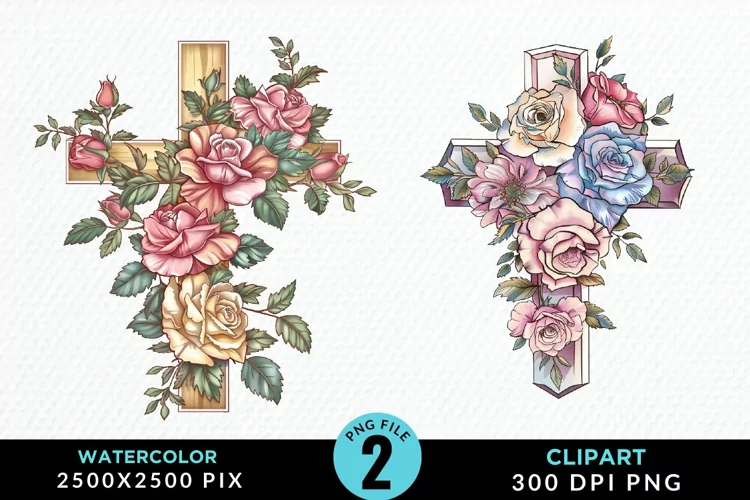 Watercolor Pastel Rose Cross Illustration Clipart