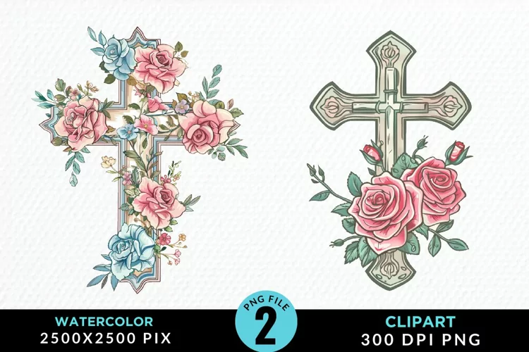 Watercolor Pastel Rose Cross Illustration Clipart