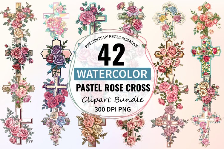 Watercolor Pastel Rose Cross Clipart Bundle