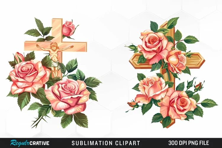 Watercolor Pastel Rose Cross Collection Clipart