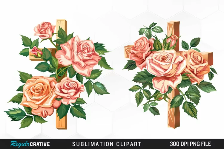 Watercolor Pastel Rose Cross Collection Clipart
