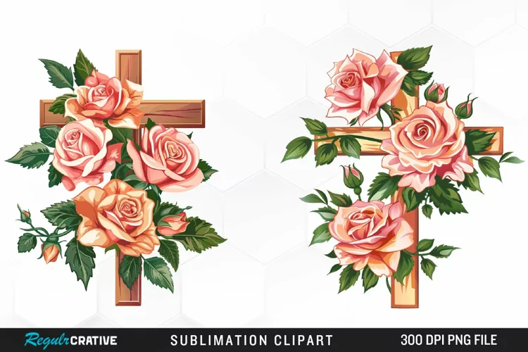 Watercolor Pastel Rose Cross Collection Clipart
