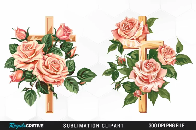 Watercolor Pastel Rose Cross Collection Clipart