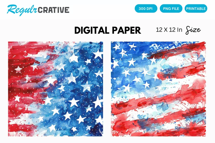 Watercolor Patriotic 4th July Digital Paper, Patriotic PNG