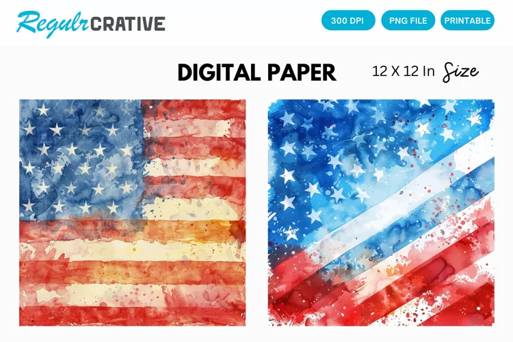 Watercolor Patriotic 4th July Digital Paper, Patriotic PNG