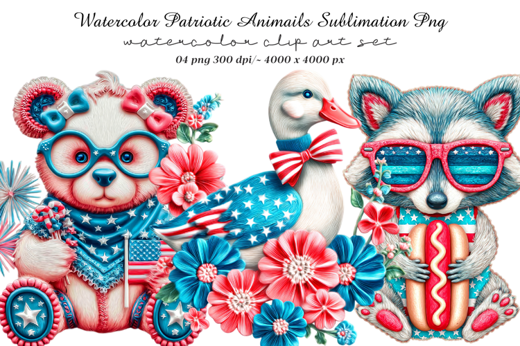 Watercolor Patriotic Animals Sublimation Png