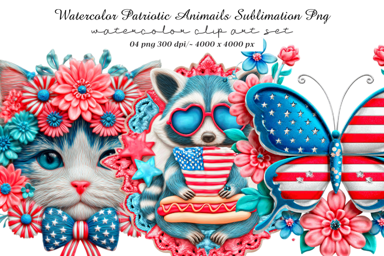 Watercolor Patriotic Animals Sublimation Png