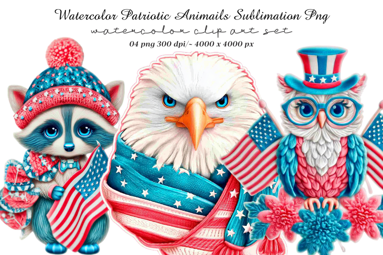 Watercolor Patriotic Animals Sublimation Png