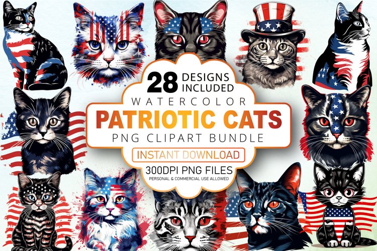 Watercolor Patriotic Cats Clipart Bundle