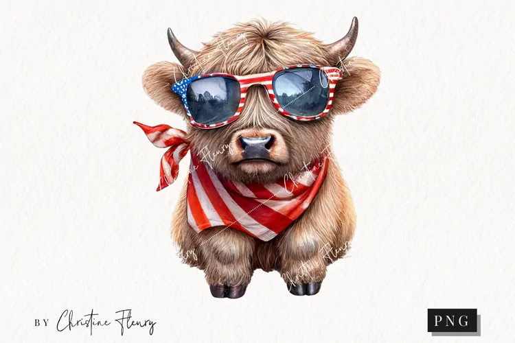 Watercolor Retro Highland Cow Clipart | 4th Of July PNG