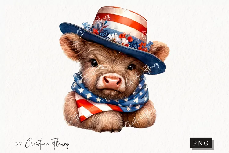 Watercolor Patriotic Highland Cow Clipart | 4th Of July PNG