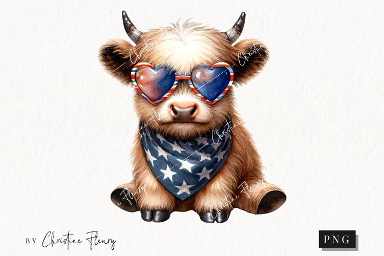 Watercolor Cute Highland Cow Clipart | 4th Of July PNG