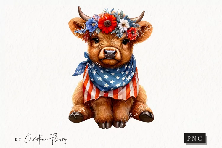 Watercolor Patriotic Floral Highland Cow Clipart